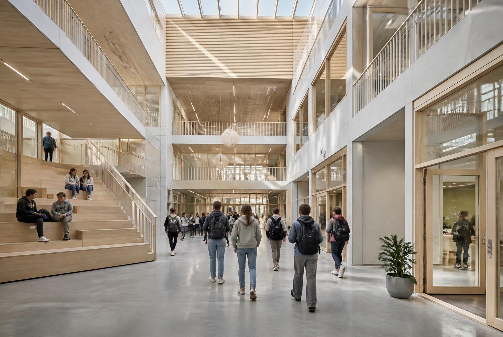 Lyst atrium på en moderne skole med elever